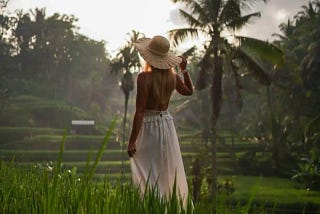 A woman in a white dress walking through a rice field.