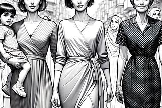 In the photo, two Iranian women with a child are illustrated dressing up elegantly on a street, rendered in a style focused on repetition, polka dots, and immersive, infinite patterns. One woman is in her thirties short and muscular and has side swept bangs hairstyle and is wearing wrap dress, while the other is elderly athletic and has pixie cut hairstyle and is wearing shirt dress.