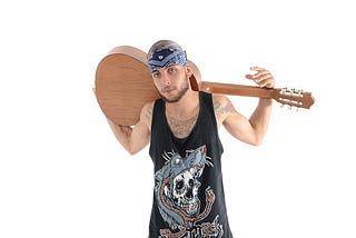 Loser Boyfriend wearing bandana, sleeveless shirt and holding a guitar.