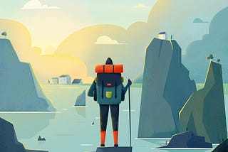 An illustration of a person who is wearing outdoor outfit and staring at the sunrise.