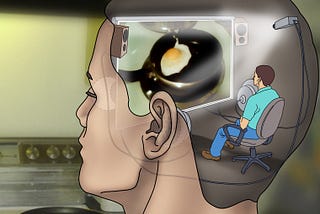 A tiny person sits in a movie theater inside a human head, watching and hearing everything that is being experienced by the human being. An illustration of the Cartesian theater.