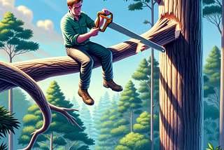 a man sitting on a branch and cutting it off with a hand saw