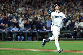 Eugenio Suarez of the Seattle Mariners after hitting a grand slam in Game 5 of the 2025 ALCS.