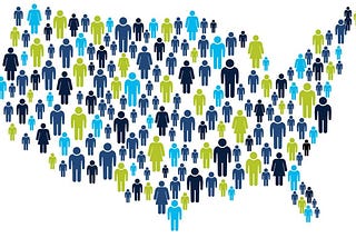 Different sizes, colors and genders of people grouped together to shape the USA
