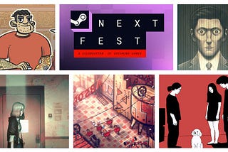 Grid of six images, with video game stills surrounding the logo for Steam Next Fest.
