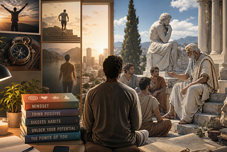 A split scene contrasting personal development and ancient philosophy: on the left, a modern desk with self-help books titled Mindset, Think Positive, Success Habits, Unlock Your Potential, and The Power of You, alongside a lamp, candle, and motivational photo collage; on the right, a figure seated on ancient stone steps listens to a white-bearded philosopher gesturing in discussion, with a classical statue and open-air Mediterranean landscape in the background.