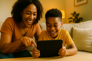 Mother and her ADHD son watching something on a tablet and laughing.