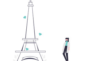An illustration of a woman standing next to the Eiffel tower