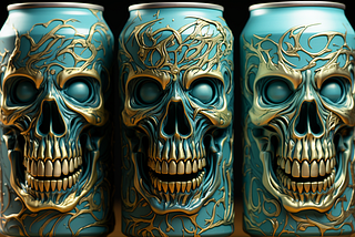 MidJourney prompt reveals an image of three beverage cans in green and gold with skull imagery embedded in them