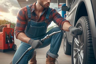 A man pumping his tire at a gas station.