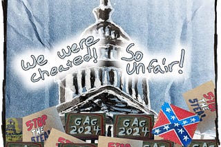 Cartoon image of the Capitol. There are protest signs out front. The text reads, “We were cheated! So unfair!”