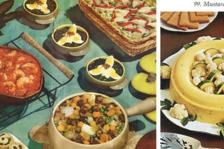 A picture of a 1950’s dinner spread, featuring some very strange recipes including a jell-o ring made out of mustard.