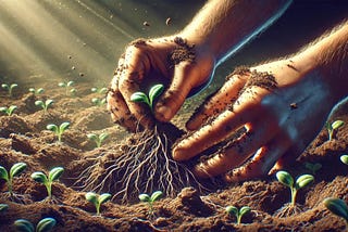 A close-up digital illustration of hands carefully pulling weeds from rich, dark soil, symbolizing the mindful removal of negative influences like societal pressures. The hands are gentle yet firm, with small clumps of weeds being pulled out from around delicate seedlings. The soil is moist and textured, full of life, with tiny roots visible. Sunlight softly illuminates the scene, casting light shadows that enhance the details of the hands and soil. The scene evokes a sense of care, intention, and attention to personal growth. Kindness &amp; Generosity With Alan Questel 