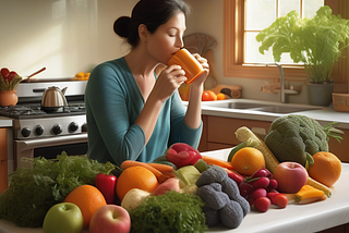 A woman enjoying herbal tea surrounded by a bounty of fresh produce, symbolizing natural diabetes management.