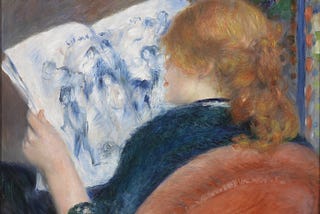 Painting in an impressionist style of a woman with red hair reading a magazine.