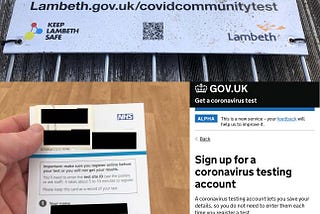 Lambeth Council sign at entrance to test site, an NHS test card with barcode and QR code, and a GOV.UK page with a blue NHS sign-in button