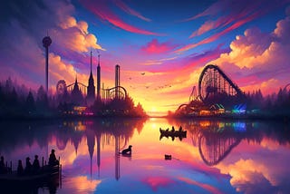 Rule of 100. A serene view of the Skill Land lake at sunrise, reflecting the colorful skies and silhouettes of nearby skill-themed rides. A few early birds are seen enjoying a peaceful moment by the water, perhaps contemplating the skills they&#39;ll explore today. Reflective, tranquil, colorful, early morning, serene, vibrant, inspiring, digital painting