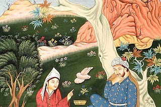 Two Persian lovers under a tree, besides a mountain.