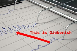 The image contains a printout from a polygraph with the words “this is gibberish.”