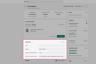 Pinned customer metafields shown on Shopify’s Customers page