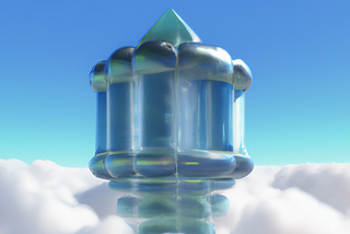 Designed graphic with a background AI render by SULCI WORLD. Blue and green building in blue sky with clouds underneath. The building is curved and has a point at the top. Black text on graphic: FLUFF EXHIBITION NOV 6 — NOV 30 2024 BY SULCI WORLD. There is an Artivive and SULCI WORLD logo bottom right-hand corner.
