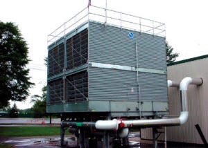 Cooling tower near a building