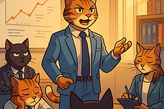 Illustration of a confident tabby cat in a blue suit leading a business meeting, standing in front of a chart while other anthropomorphic office cats look bored, annoyed, or disengaged around a conference table. Bright sunlight streams in through the window, highlighting the contrast in energy.