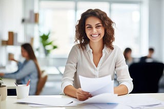 Woman smiling holding papers. 3 Ways to Boost Confidence and Happiness by Moving Your Body