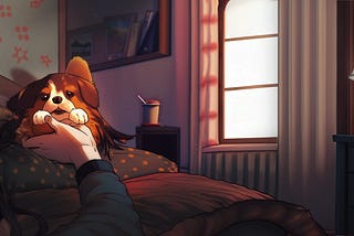 Digital illustration by Johnny Profane Âû, “I Would Scratch Your Doggie Cheeks.” Cozy, dimly lit bedroom, painterly anime style. Young child, bottom left, smiles softly in bed. Hand scratches cheeks of small, fluffy dog with adoring eyes, cradled in child’s arms. Polka-dot blanket, warm lighting from window, red-checkered curtains. Daylight on bedside table, dog lamp, sippy cup. Flower-patterned walls, bookshelf with books & pictures. Evokes comfort, care, bedtime joy. Digital tools include AI.