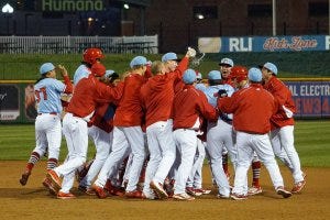 The Chiefs celebrate with Thomas Spitz after his walk off single Sunday (Dennis Sievers Photography)