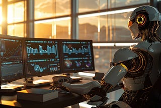 robot sitting at a computer, trading, with a city skyline view out the window behind monitors with stock charts on them