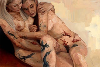 A painting of two women holding each other as they bleed. This artwork explores the chronic illness endometriosis.