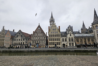 Canal view from Korenlei, there are beautiful buildings lining the other side of the canal