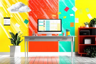 A solopreneur’s desk surrounded by post-it notes and plants. There is a gray cloud hovering over the desk, symbolizing a brain tumor.