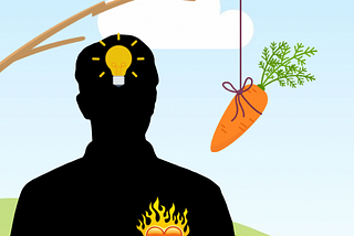 A silhouette against blue sky background. A stick hangs overhead & a carrot dangling in front; a light bulb dining in the head; a heart aflame in the chest.