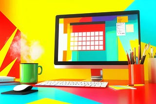 A desk showing a computer monitor, steaming cup of coffee, books, and jars of pens