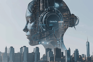 A futuristic chatbot in the style of a robot, specifically-tailored for AI customer service utilized by an innovative multilingual call center; the chatbot is stationed over a cityscape, signifying that call center AI is already enhancing global customer engagement.