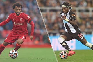 Liverpool player Salah in red kit and Saint Maximin in black and white strips Newcastle shirt