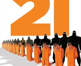 Poster for The 21 animated short film that shows the 21 Christian men clad in orange jumpsuits being forced to kneel by ISIS members wearing all black