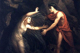 A painting of Orpheus and Eurydice. Orpheus, dressed in a red robe, reaches out to Eurydice, who is depicted as a ghostly figure in white. They are in a dark, rocky cave in the Underworld. Orpheus holds a lyre, symbolizing his musical talent.