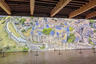 An photo of an image of a castle and town surrounded by double stone walls and watchtowers.