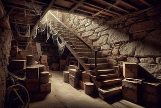 cellar with stone walls and wooden staircase, filled with vintage wooden crates and cobwebs, evoking history and mystery