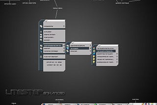 A futuristic litestep theme, showing an integrated clock/menu/media player along the top of the screen, with shortcuts and running tasks along the bottom. It’s styled to look like metal and plastic, with 45 degree angles everywhere.