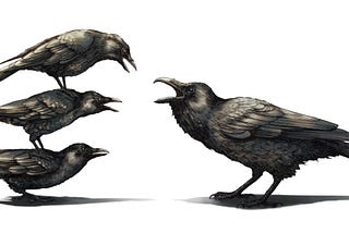 Illustration of mother Raven screaming to three adolescent Ravens