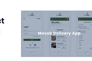 A mock up of a food delivery app. The mocks up show the log in page, the homepage, and the confirmation page.