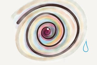 Rainbow-colored spirals with a highlight in the center and a tear outline in the lower right corner suggesting an eye.