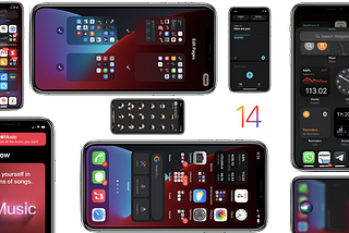 Screenshots showing different features of iOS 14