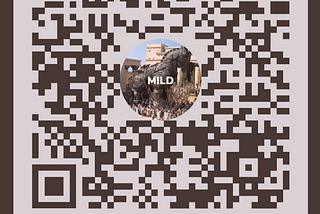 A stylized QR code that links to blog.open-source-eschaton.net/covid-fact-sheet In the center is a circular crop of a painting of the Trojan Horse with the word “MILD” superimposed on the horse Below the QR code is the text “MILD SYMPTOMS DO NOT MEAN MILD COVID”