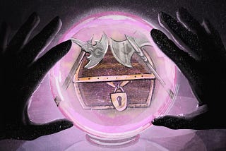 A crystal ball showing someone trying to break open a locked chest