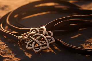 A close-up image of a Celtic knot pendant lying on sandy ground bathed in warm, golden sunlight, with the leather necklace strands casually draped around it.